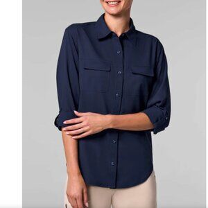 Coolibar size Large Navy Women's Travel Long Sleeve Button Down Shirt UPF 50